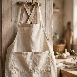 Può includere: Un grembiule in lino beige con spalline incrociate sulla schiena e due grandi tasche frontali rettangolari. Il grembiule è realizzato in un tessuto testurizzato di colore chiaro ed è appeso a un gancio in legno, mostrando una struttura semplice.