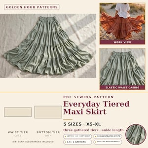 May include: A sage green tiered maxi skirt with an elastic waistband. The PDF sewing pattern includes text for an Everyday Tiered Maxi Skirt in 5 sizes from XS-XL, featuring three gathered tiers, ankle length, and 5/8 inch seam allowances.