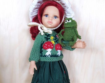 Fly Agaric Outfit Paola Reina Doll 32cm 13inch, Embroidered Sweater, Skirt, Mushroom Hat, Funny Clothes Set Ruby Red Siblies, Little Darling
