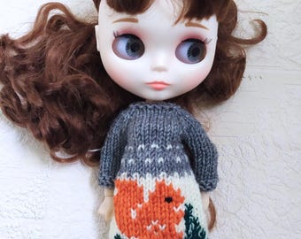 Wool Dress with Squirrel for Blythe Doll, Winter Outfit for Blythe - Dress, Baktus, Hat, Mittens, Blythe Doll Clothes