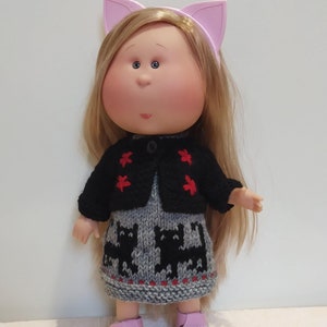 Embroidered Dress & Cardigan with Cats for Doll Mia Nines d'Onil,  Knitted Set,  Outfit Mia, Clothing for 11-12-inch doll, Mia Clothes
