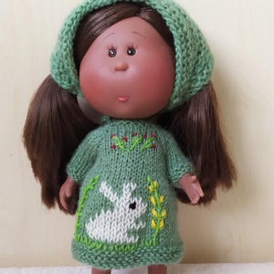 Easter Bunny Outfit for Doll  Mini Mia Nines d'Onil,  Embroidered Dress & Bonnet Mia 23 cm, Clothing for 9-inch doll,  Mini Mia Clothes