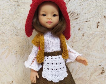 Doll Outfit Paola Reina 32 cm, Handmade Knitted 5-items Set,  Blouse, Skirt, Apron, Vest, Bonnet, Las Amigas Clothes