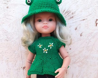 Frog Outfit For Doll Paola Reina: Embroidered T-shirt,  Frog Hat & Jeans-Breeches, 13-inch/ 32 cm doll Clothes