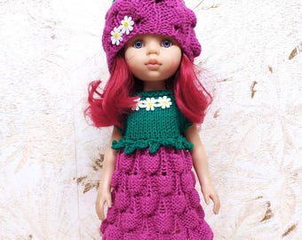 Raspberry doll outfit for Paola Reina 32 cm 13inch, blackberry inspired doll clothes, handmade knitted dress with hat