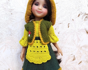 Outfit Doll Ruby Red 37 cm, Handmade Knitted 5-items Set,  Blouse, Skirt, Apron, Vest, Bonnet, Fashion Friends Clothes