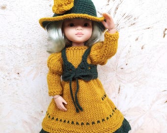 Green Mustard Outfit for Paola Reina Doll 32cm 13inch, Dress, Crochet Vest & Flower Hat, Clothes Set Ruby Red Siblies, Little Darling