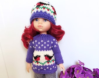 Doll Paola Reina Knit Sweater& Hat with Birds. Bullfinches Set for Paola Reina, 13-inch doll clothes, Ruby Red Siblies, Little Darling doll