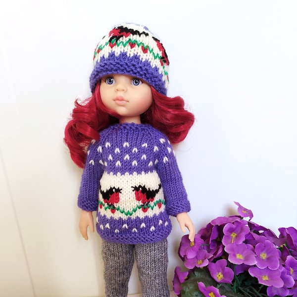 Doll Paola Reina Knit Sweater& Hat with Birds. Bullfinches Set for Paola Reina, 13-inch doll clothes, Ruby Red Siblies, Little Darling doll