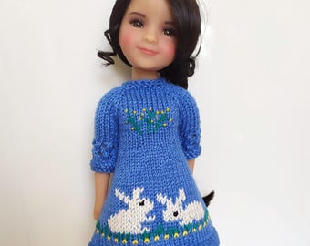 Bunny Dress for Ruby Red doll, Embroidered Dress for RRFF, Outfit for Doll Ruby Red Fashion Friends; Handmade Clothes for 14-inch/ 37cm doll