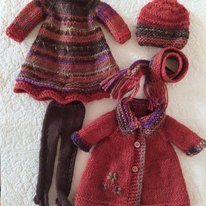 Complete Outfit for Doll Paola Reina, clothes set 13-inch doll: Dress, Tights, Embroidered Coat, Hat, Scarf, Boots, Ruby Red Siblies Terracotta