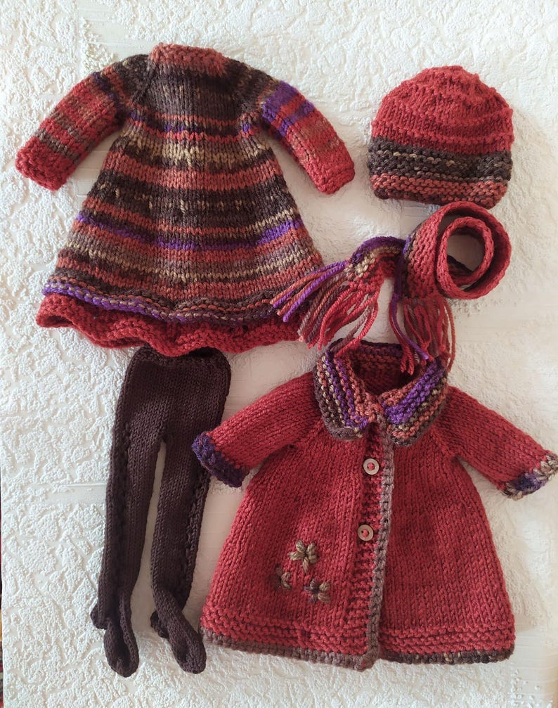 Complete Outfit for Doll Paola Reina, clothes set 13-inch doll: Dress, Tights, Embroidered Coat, Hat, Scarf, Boots, Ruby Red Siblies Terracotta