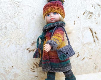 Colorful 7-items Outfit for Paola Reina Doll 32cm 13inch, Doll Coat Pants Hat Scarf Boots Bag, Winter Doll Set