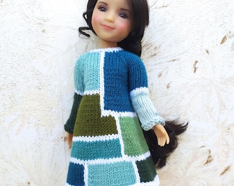 Ruby Red Doll Outfit 37 cm, knitted patchwork dress, handmade doll clothes, blue green outfit, Fashion Friends Clothes