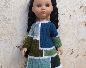 Paola Reina doll dress 32 cm 13inch, knitted patchwork dress, handmade doll clothes, blue green outfit
