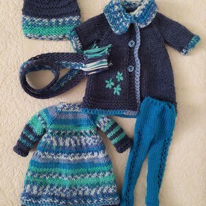 Complete Outfit for Doll Paola Reina, clothes set 13-inch doll: Dress, Tights, Embroidered Coat, Hat, Scarf, Boots, Ruby Red Siblies Blue
