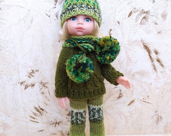 Green Outfit for Paola Reina Doll 32cm 13inch, Sweater Pants Hat Scarf Boots Set, Winter Doll Set