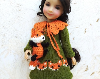 Outfit for Ruby Red Doll; Fox Dress, Crochet Lace Collar, Mini Fox Toy RRFF, Handmade Clothes for 14-inch/ 37cm Ruby Red Fashion Friends