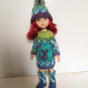 3-items Set Paola Reina: Sweater-Tunic-Dress, Hat and Socks. 13-inch doll clothes, Outfit Paola Reina, Ruby Red Siblies, Little Darling doll