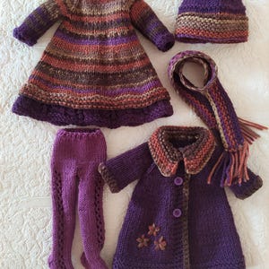 Complete Outfit for Doll Paola Reina, clothes set 13-inch doll: Dress, Tights, Embroidered Coat, Hat, Scarf, Boots, Ruby Red Siblies Purple