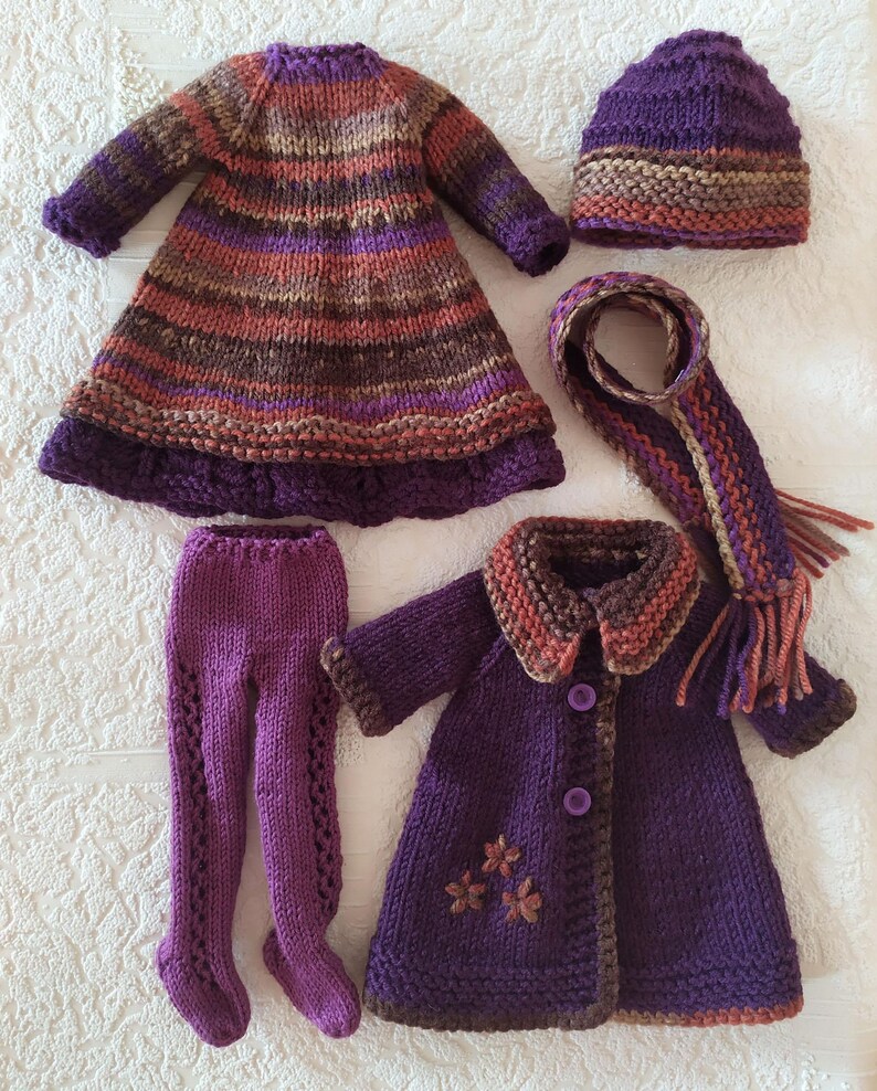 Complete Outfit for Doll Paola Reina, clothes set 13-inch doll: Dress, Tights, Embroidered Coat, Hat, Scarf, Boots, Ruby Red Siblies Purple