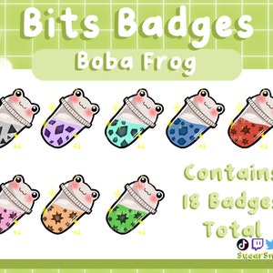 Puede incluir: Un conjunto de 18 insignias digitales con una rana de dibujos animados que lleva una taza de boba. Las insignias son de varios colores y diseños, incluyendo negro, blanco, morado, azul, rojo, rosa, naranja y verde. El texto "Contiene 18 insignias en total" se muestra debajo de las insignias.