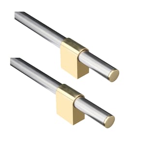 May include: Two cabinet pulls with a modern design. Each pull features a brushed silver rod held by a gold-colored square bracket. The ends of the rods have gold-colored caps. The pulls are set against a white background.