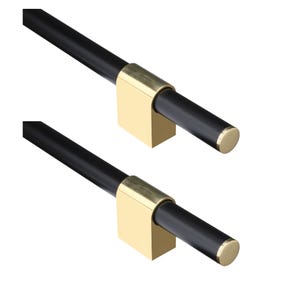 May include: Two black cabinet pulls with gold-colored square bases and rounded ends. The pulls are designed for furniture and have a modern, minimalist aesthetic. The hardware is shown against a white background.