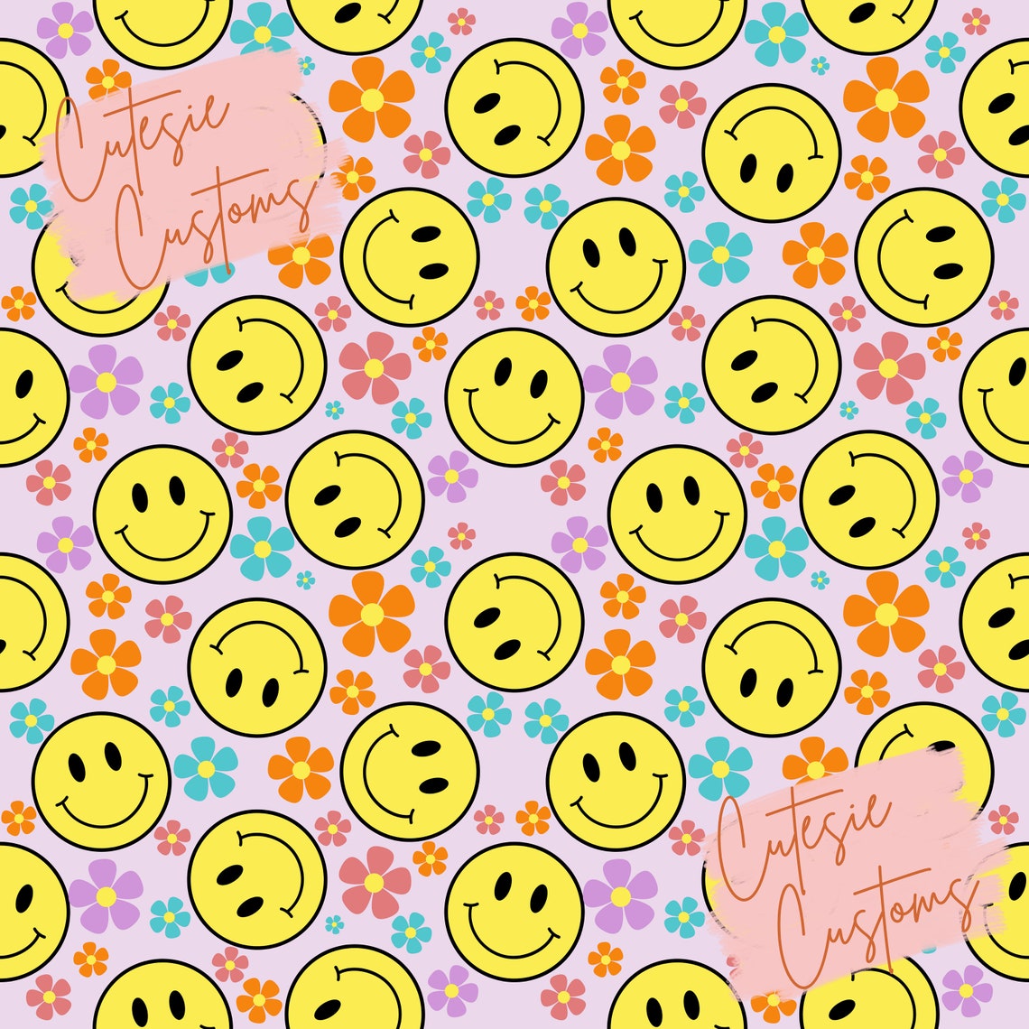 Smiley Faces Flowers Pattern, Digital Seamless Design, Fabric Prints