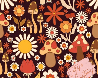 Retro Mushrooms N&#39; flowers Pattern, Digital Seamless Design, Custom Fabric Design, Seamless File, Retro Cute Fabric, Smiley Pattern