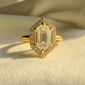 4.27 CT Hexagon Moissanite Halo Engagement Ring: 14K Yellow Gold