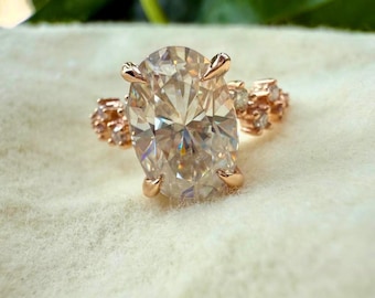 3.84 Carat Oval Moissanite Engagement Ring: 14KT Rose Gold, Dainty Modern Design