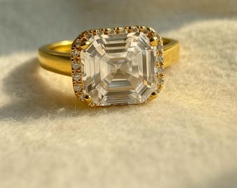 3.14 CT Asscher Cut Moissanite Engagement Ring: 14KT Yellow Gold Halo