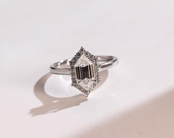 3.95 CT Hexagon Moissanite Ring: 6-Prong Halo, Vintage Style