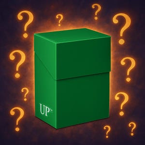 May include: A green box with a lid, surrounded by glowing yellow question marks. The box has the letters "UP" printed on the side. The background is a dark purple with an orange glow.