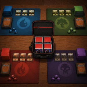 May include: A tabletop scene featuring four playmats in blue, green, red, and purple, each with a symbol and a deck of cards. A black carrying case holds four card boxes. Dice and card stacks are also present, suggesting a trading card game.