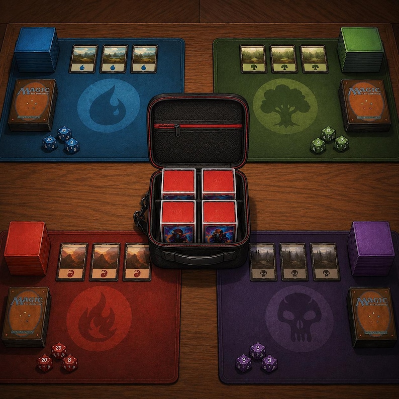 May include: A tabletop scene featuring four playmats in blue, green, red, and purple, each with a symbol and a deck of cards. A black carrying case holds four card boxes. Dice and card stacks are also present, suggesting a trading card game.