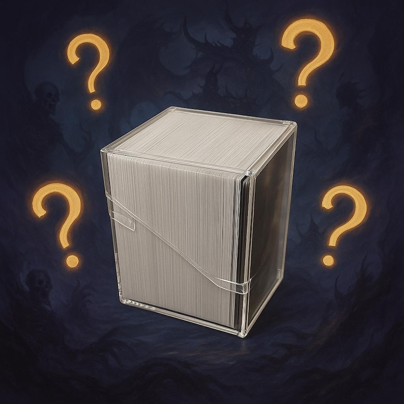 May include: A clear plastic card storage box filled with a stack of cards. Four glowing yellow question marks surround the box against a dark blue background with shadowy figures.