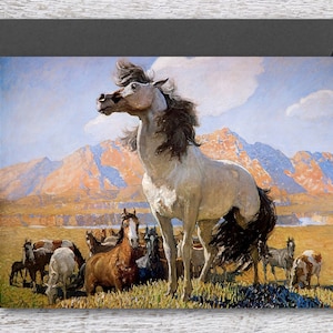 Smokey Face par N.C. Wyeth, carte de vœux imprimable de la célèbre peinture Wyeth de chevaux sauvages dans la prairie, impression d&#39;art vintage pour cadre 5x7