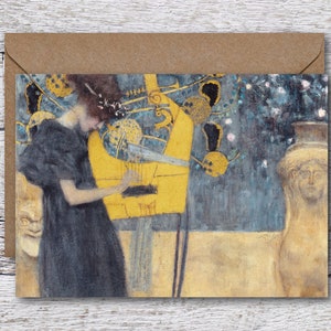 グスタフ・クリムトの音楽、弦楽器を持つ女性の有名なクリムトの絵画の印刷可能なグリーティングカード、アールヌーボーカードは5インチx7インチのフレームにフィットします