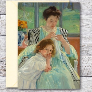 Jonge moeder naaien door Mary Cassatt, afdrukbare Fine Art Card van beroemd olieverfschilderij, blanco kaart van meesterwerk schilderij, Vintage Art Print
