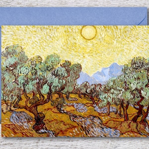 Olijfbomen van Vincent Van Gogh, afdrukbare wenskaart van het beroemde Van Gogh schilderij van boomgaard met felgele zon, past in 5"x7" frame