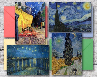 Sternenklare Nacht von Van Gogh, 4 druckbare Kunstkarten mit berühmten Ölgemälden, leere Karten mit Meisterwerken und Vintage Kunstdrucke