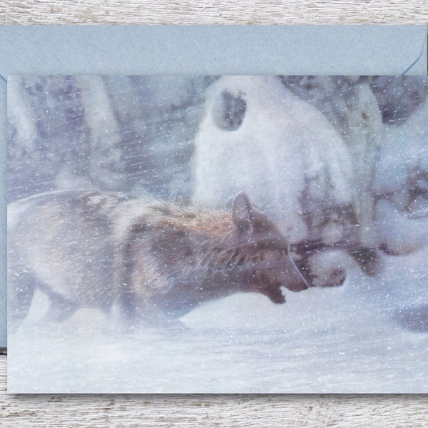 Lone Wolf by Mark Weatherby, Printable Blank Greeting Card of Weatherby Painting of Wolf in Snow Storm, Wildlife Art Print fits 5"x7" Frame