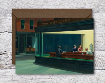 Nighthawks by Hopper, Printable Greeting Card of Famous Hopper Painting of People in Downtown Diner at Night, Hopper Art Card fits 5x7 Frame