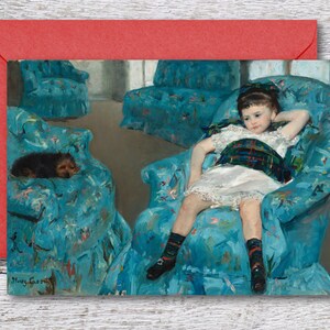 Blue Arm Chair van Mary Cassatt, afdrukbare Fine Art Card van beroemd olieverfschilderij, blanco kaart van meesterwerkschilderij, Vintage Art Print