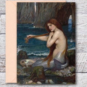 The Mermaid by John Waterhouse, Printable Greeting Card of Famous Waterhouse Oil Painting, Blank Card of Greek Mythology fits in 5&quot;x7&quot; Frame
