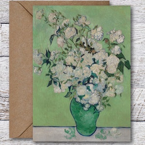 ゴッホのバラの花瓶、有名な油絵の印刷可能なグリーティングカード、傑作絵画の空白カード、花柄のヴィンテージアートプリント