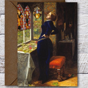 ミレイのマリアナ、有名な油絵の印刷可能なファインアートカード、傑作絵画の空白カード、テニスンの詩のビンテージアートプリント