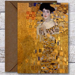 グスタフ・クリムトによるアデーレの肖像画、有名なクリムトの油絵の肖像画「金色の服を着た女性」の印刷可能な空白のグリーティングカード、5 x 7 インチのフレームにフィット